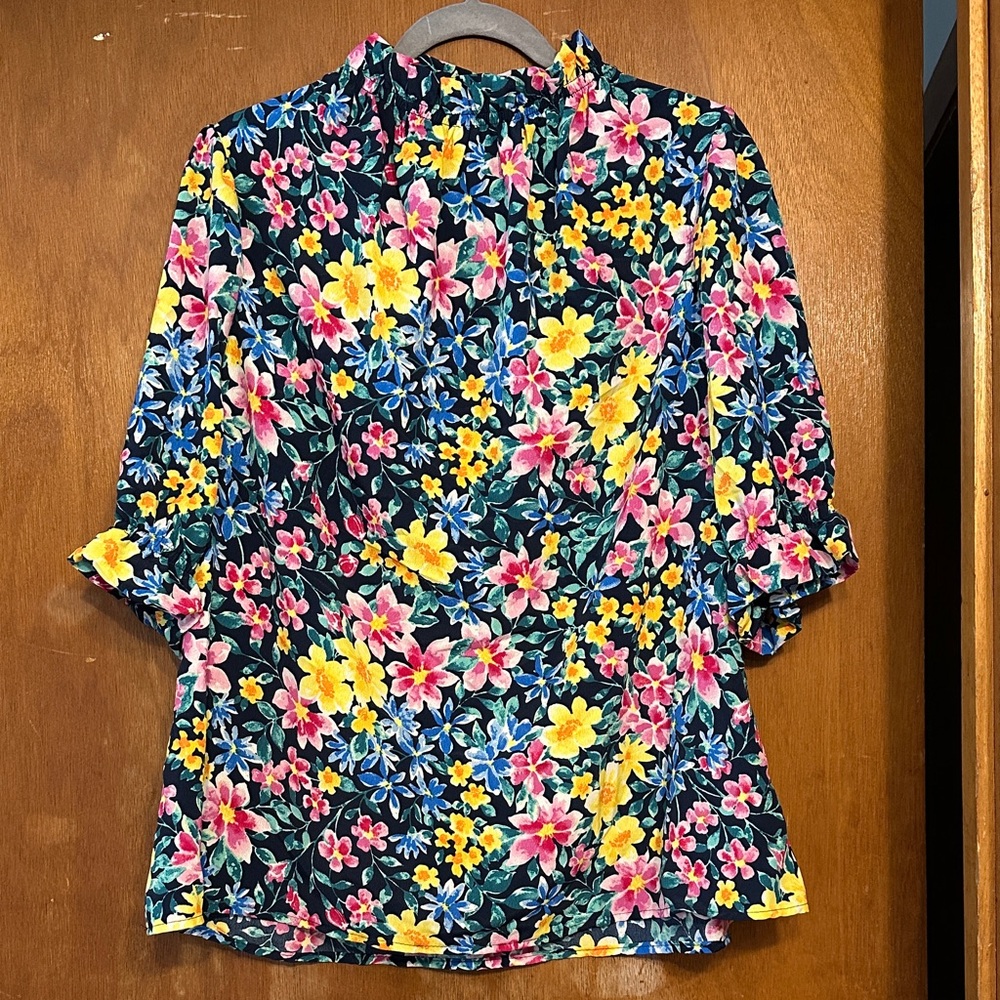 2 Hearts Floral Mock-Neck Blouse - Navy w/ Pink & Yellow Blossoms XL Made in USA